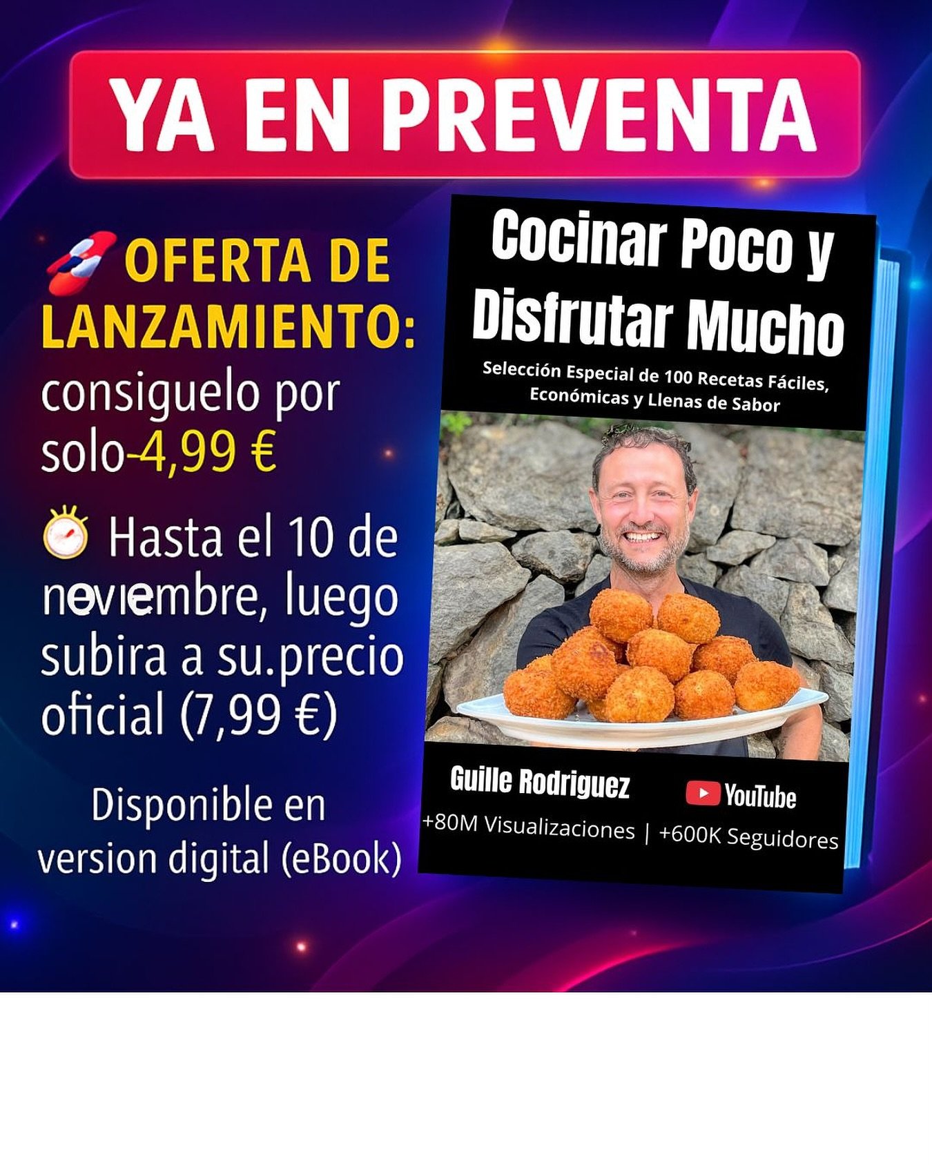 📣 ¡YA EN PREVENTA mi primer E-BOOK! 🚀
Después de mucho trabajo, ilusión y risas en la cocina, ya puedes reservar “Cocinar Poco y Disfrutar Mucho”, mi selección especial con 100 recetas fáciles, económicas y llenas de sabor.
💥 Oferta de lanzamiento: consíguelo por solo 4,99 € hasta el 10 de noviembre.
Después subirá a su precio oficial (7,99 €).
👉 Accede directamente desde el link en mi bio (Linktree).
Gracias por todo el apoyo, familia.
Este libro es por y para vosotros ❤️#CocinarPocoYDisfrutarMucho #recetasfaciles #ebookdecocina #libroderecetas #recetasrapidas #cocinacasera #comidareal #recetaseconomicas #guillecocina #hechoconamor #comersano #ofertalanzamiento #preventa #kindle #ebook #libronuevo #cocinaparatodos